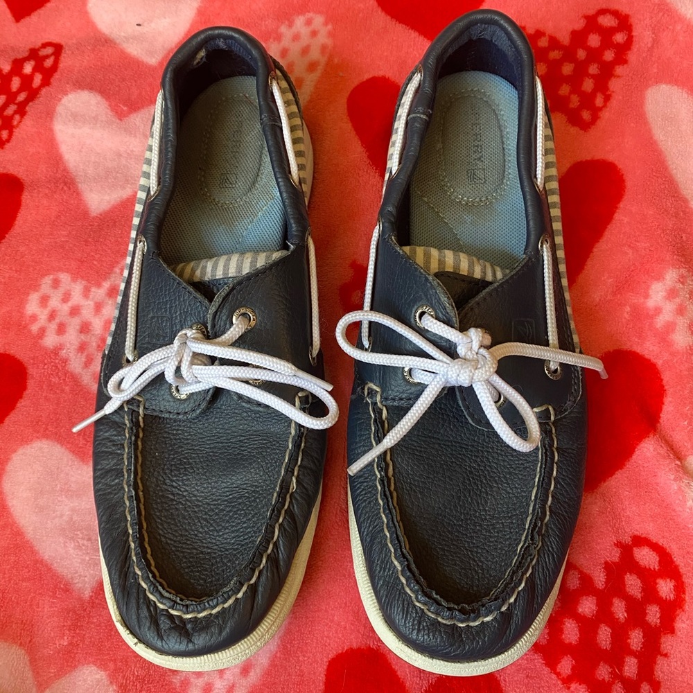 Navy Sperry Top-Sider Boat Shoes Gray White Stripe